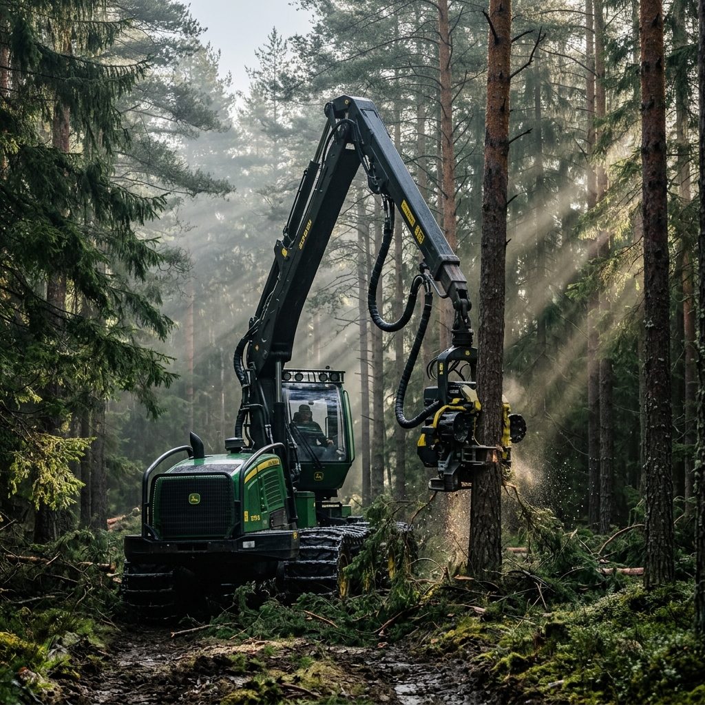 Forestry harvester in dense woodland