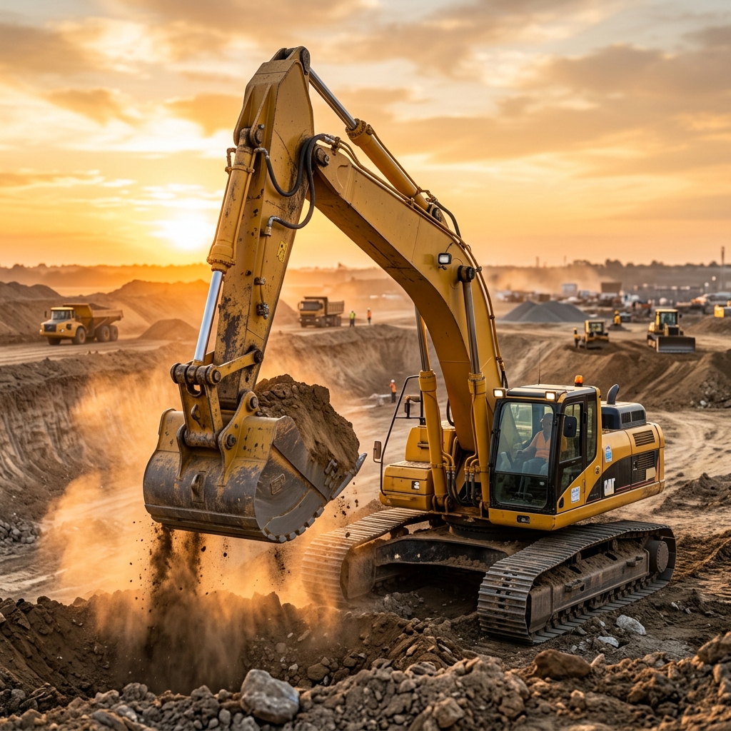 TitanTrack TX-900 hydraulic excavator digging in a large construction site