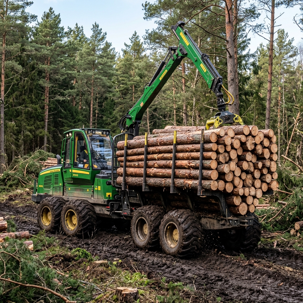 ForestKing FW-640 forwarder loaded with timber in forest clearing